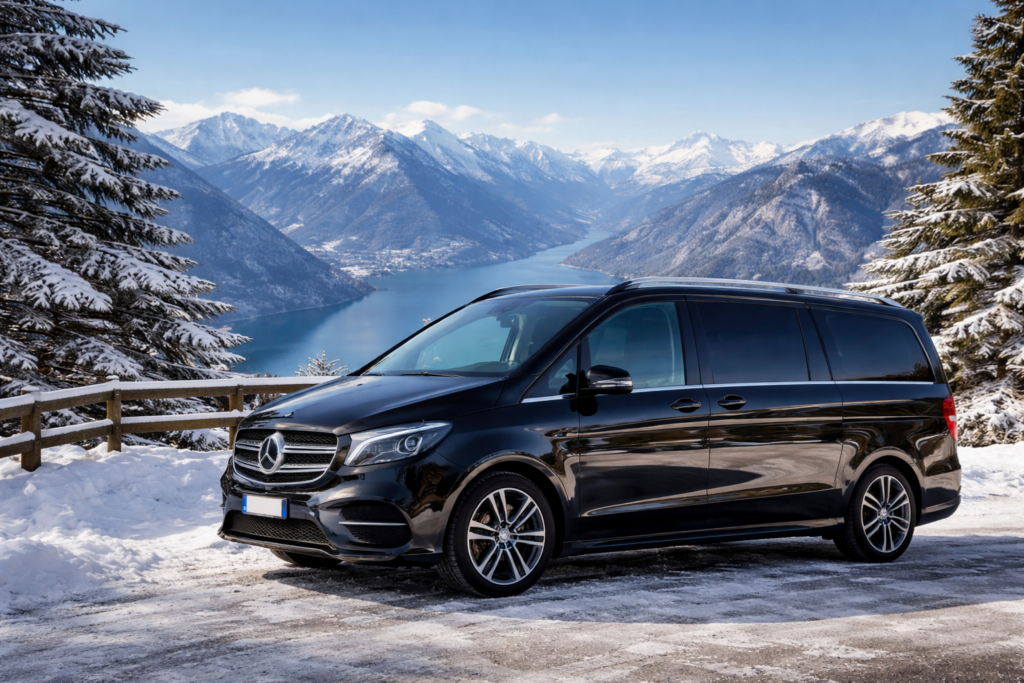 Sleek Mercedes Benz at mountain overlook